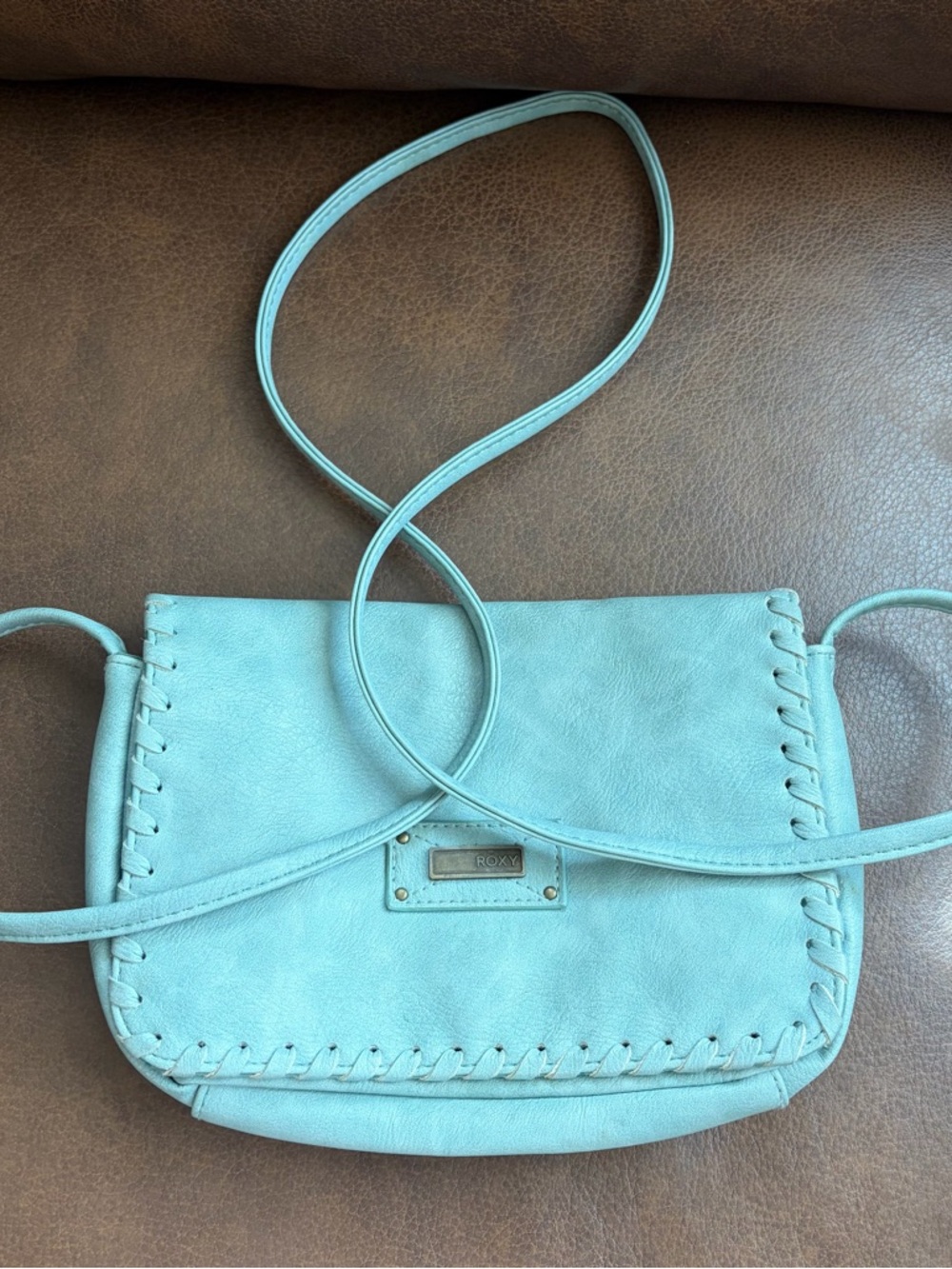 Roxy Mint Blue Crossbody Bag with Whipstitch Detail